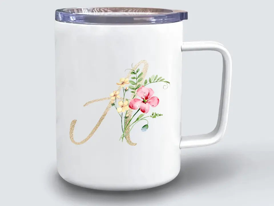 Taza viaje termo Inicial dorada flores