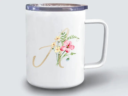 Taza viaje termo Inicial dorada flores