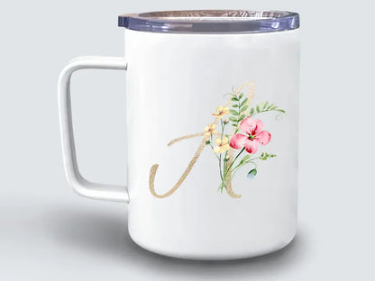 Taza viaje termo Inicial dorada flores