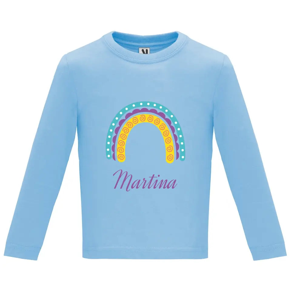 Camiseta manga larga bebé arcoíris con nombre