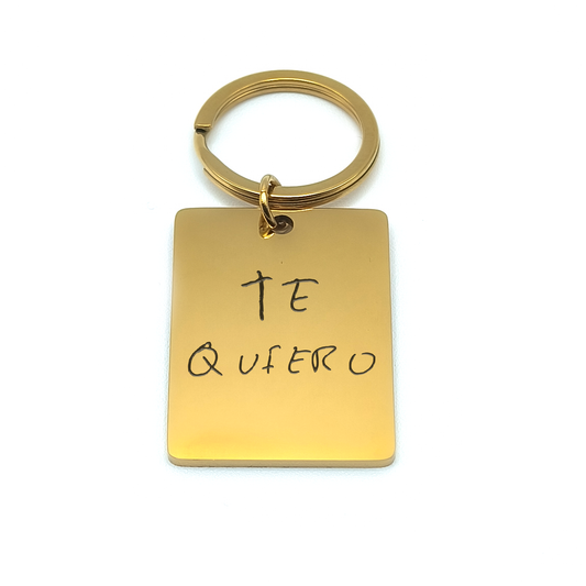 Llavero rectangular texto manuscrito dorado